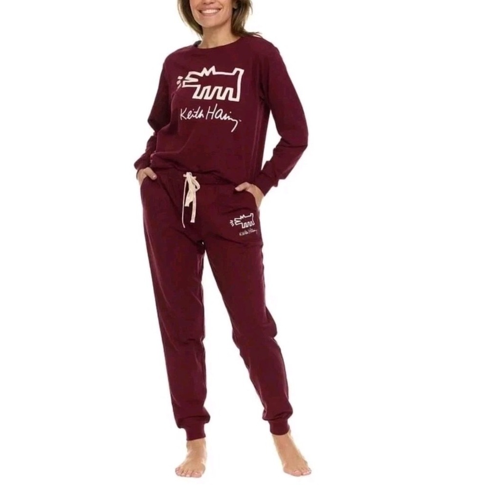 Keith Haring Women's Lounge Set Top & Jogger Burgundy Red Dog Size M